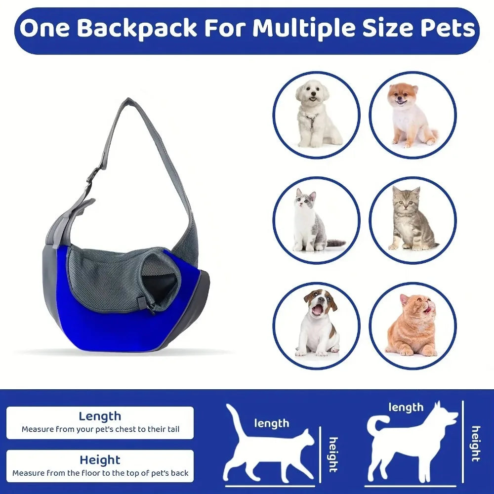 A purple pet carrier sling bag shown with various pets to illustrate its use for multiple sizes.