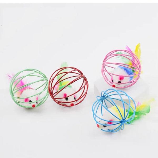 Colorful interactive cat toy featuring a rolling mouse with vibrant pink, green, and blue yarn and a sand chamber.