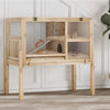 A two-story wooden guinea pig cage with a stand and ramp, featuring clear panels for viewing.
