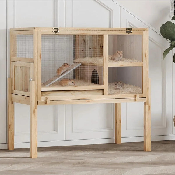 A two-story wooden guinea pig cage with a stand and ramp, featuring clear panels for viewing.