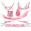 A set of pink multi-functional pet hammock and hideout featuring various fabric pieces for pet use.