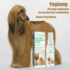 A bottle of Yegbong Pet Hair Enhancer spray for cat and dog hair conditioning is shown next to a long-haired dog.