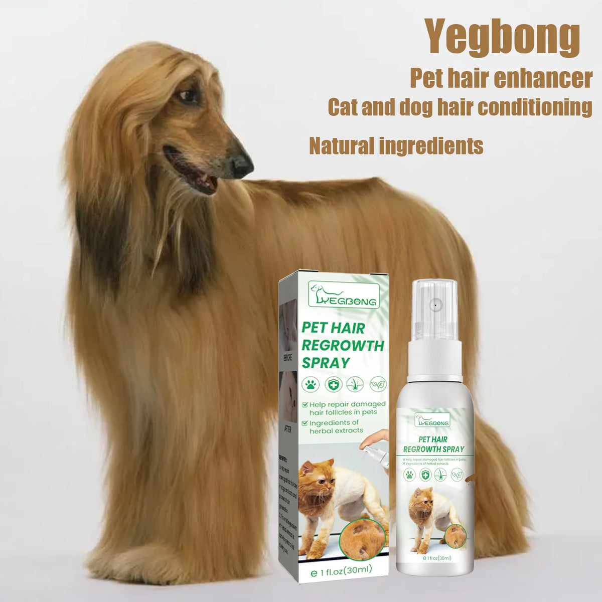 A bottle of Yegbong Pet Hair Enhancer spray for cat and dog hair conditioning is shown next to a long-haired dog.