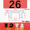 Black and white silicone rubber hole plugs shown next to a dimensioned cutout template.