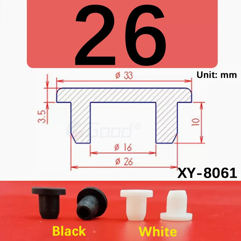 Black and white silicone rubber hole plugs shown next to a dimensioned cutout template.