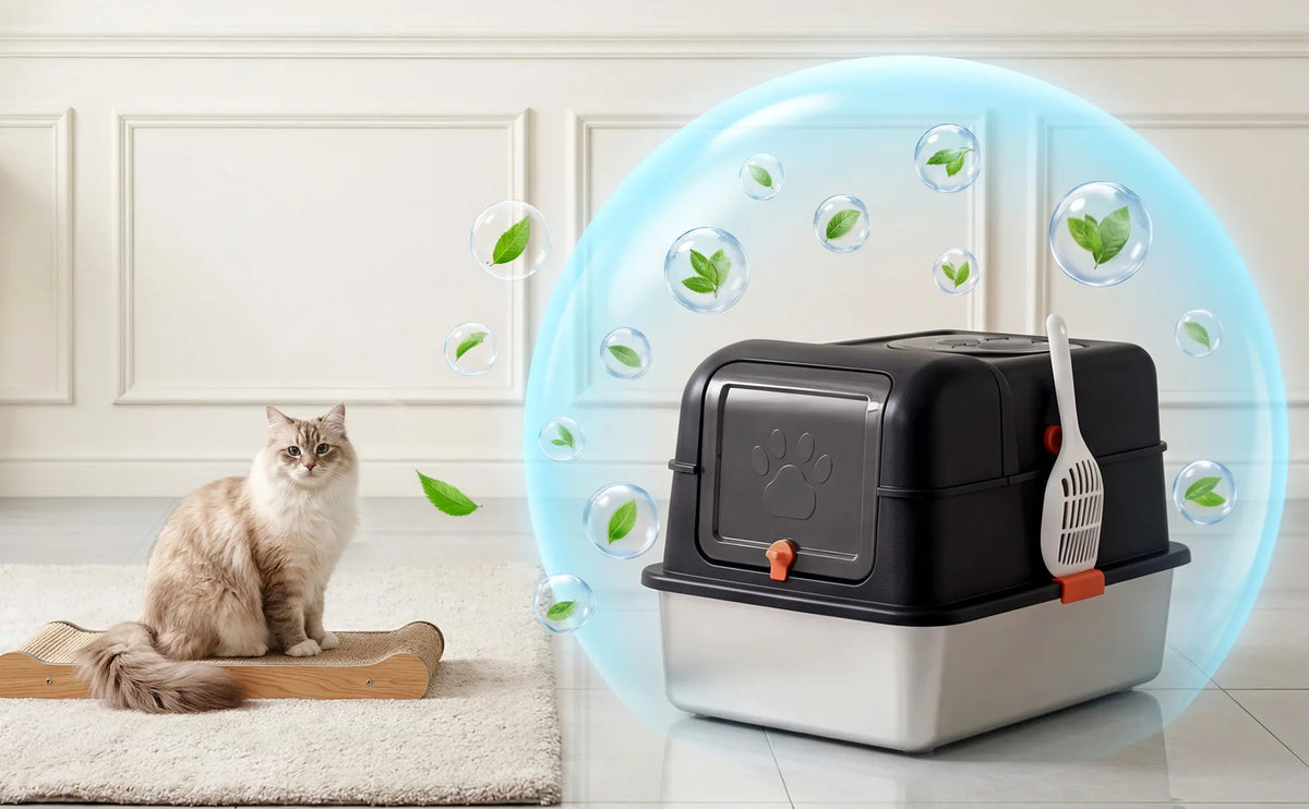 A stainless steel dog proof litter box is shown with a glowing blue protective field surrounding it, next to a cat.