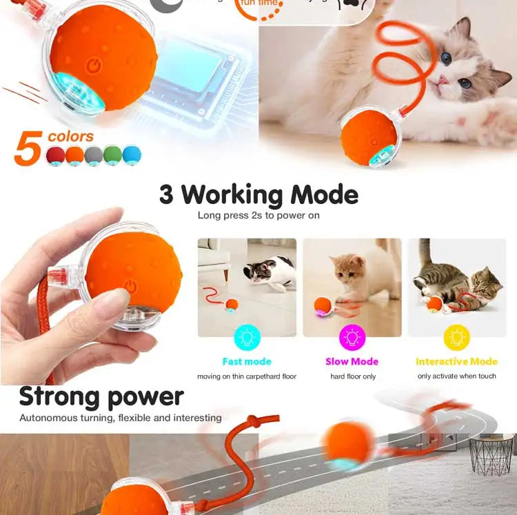 Orange elektrische Katzenspielball mit flexiblem rotem Kabel in verschiedenen Modi und Farben