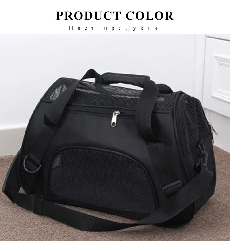 Black breathable mesh pet carrier bag for cats and small dogs shown on a light background.