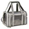 A gray breathable pet carrier backpack with padded straps and a mesh window for small dogs or cats.