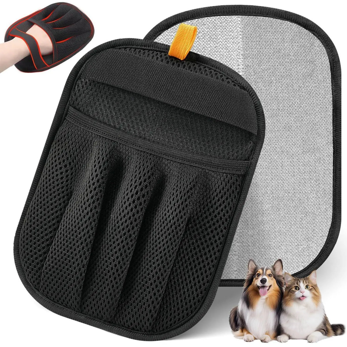 Guantes reutilizables para el aseo de mascotas negros con diseño de malla y una pestaña naranja, mostrados junto a un gato y 