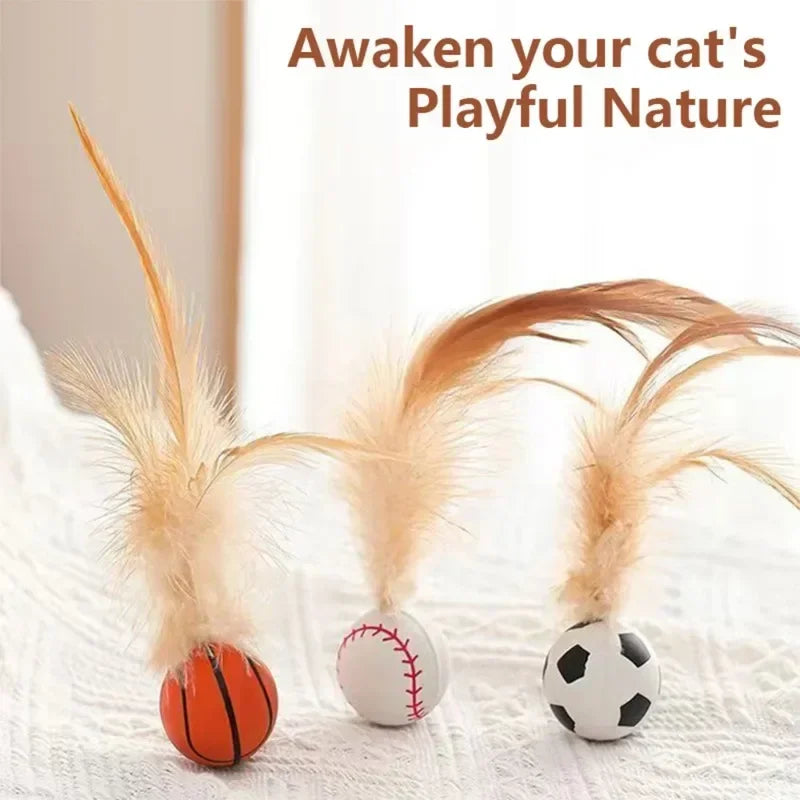 Interactive cat ball with feathers for hunting fun featuring orange, white, and black balls