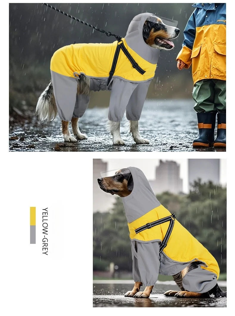 A dog wearing a yellow and grey reflective waterproof raincoat with a hood standing in the rain.