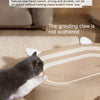 A gray cat is using a sisal rope scratch board for grooming and play.