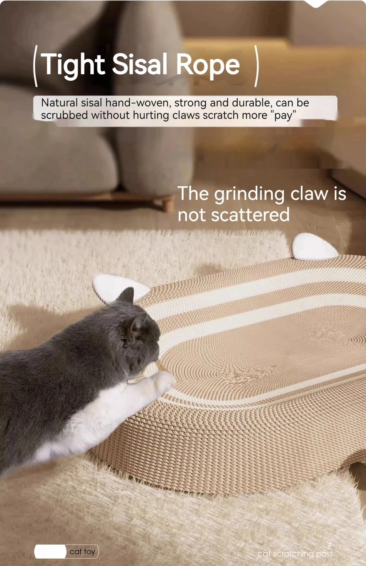 A gray cat is using a sisal rope scratch board for grooming and play.