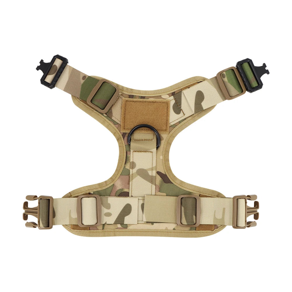Heavy duty tactical dog harness with molle pouch system and padded vest in camouflage pattern