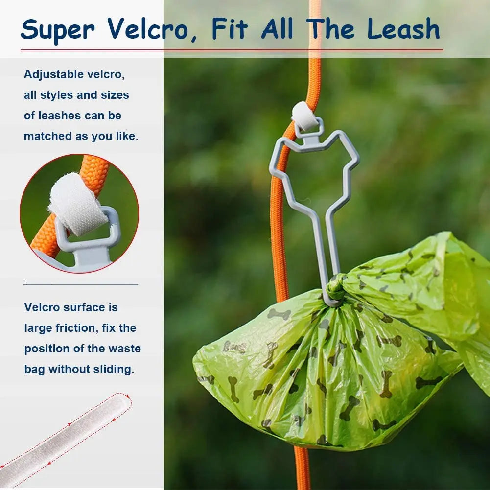Adjustable velcro leash clip for hands-free dog poop bags, showing the velcro surface and a green bag.