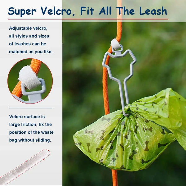 Adjustable velcro leash clip for hands-free dog poop bags, showing the velcro surface and a green bag.