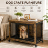 A wooden dog crate furniture piece with a black frame and wheels, displayed on a light-colored rug.