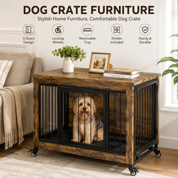 Une caisse à chien en bois avec cadre noir et roues, exposée sur un tapis clair.