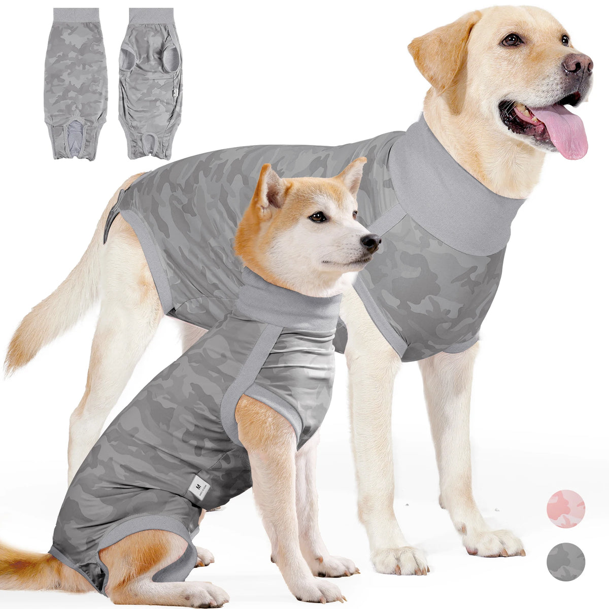 A golden retriever wearing a gray camouflage dog surgery recovery suit, with sizing options shown.