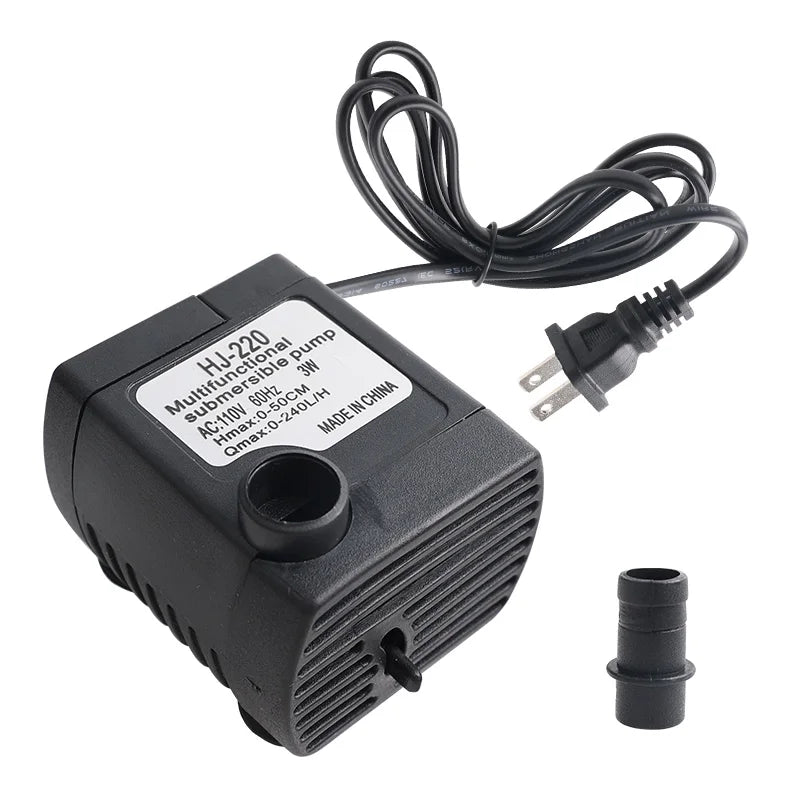 Black multifunctional submersible pump with a power cord and a threaded connector.