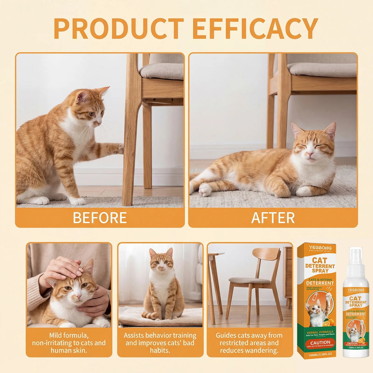 Before and after images showing a cat deterrent spray protecting furniture.