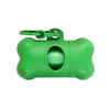 A bright green bone-shaped poop bag dispenser with a clip.