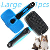 A set of blue and black multi-functional pet grooming combs and scratchers shown next to two dogs.