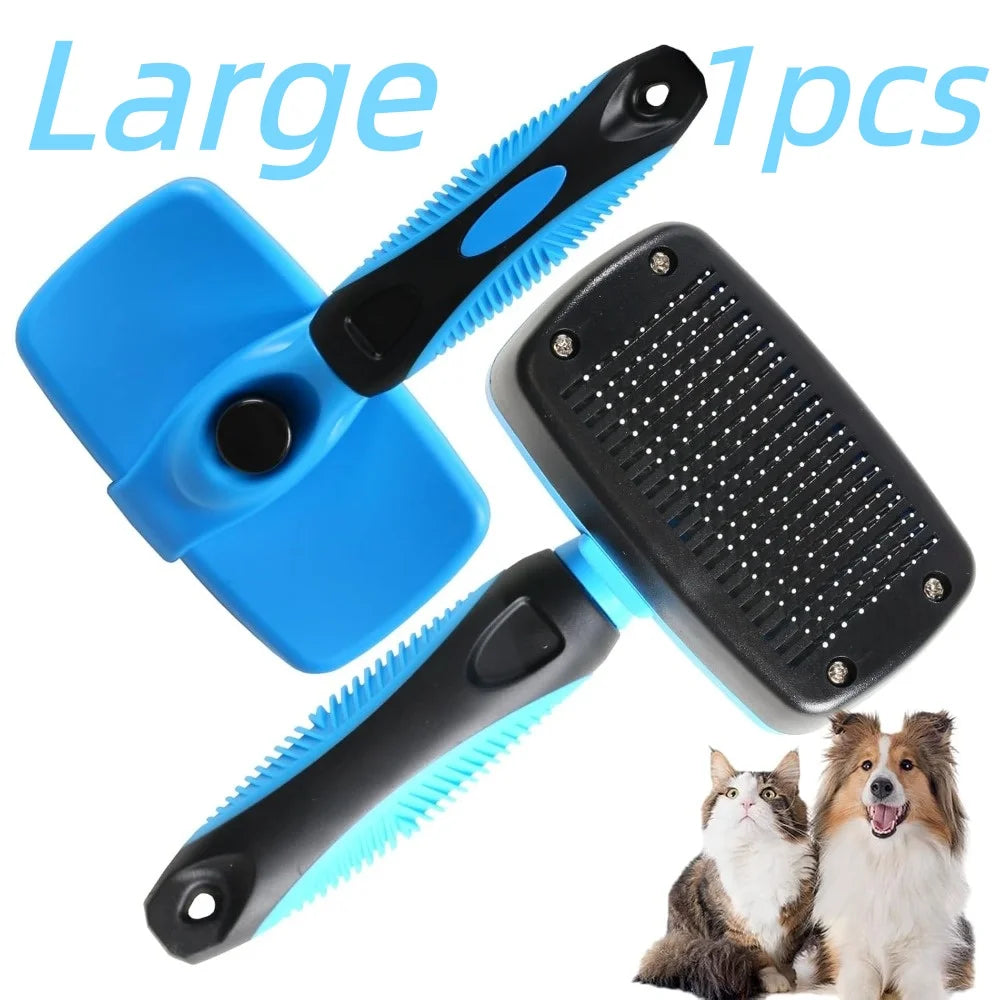 A set of blue and black multi-functional pet grooming combs and scratchers shown next to two dogs.