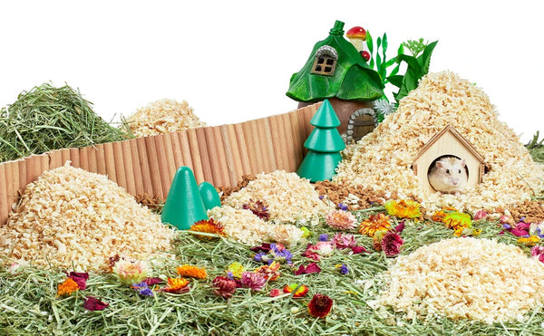 Timothy hay bedding for small rodents with hay piles and a green house decoration