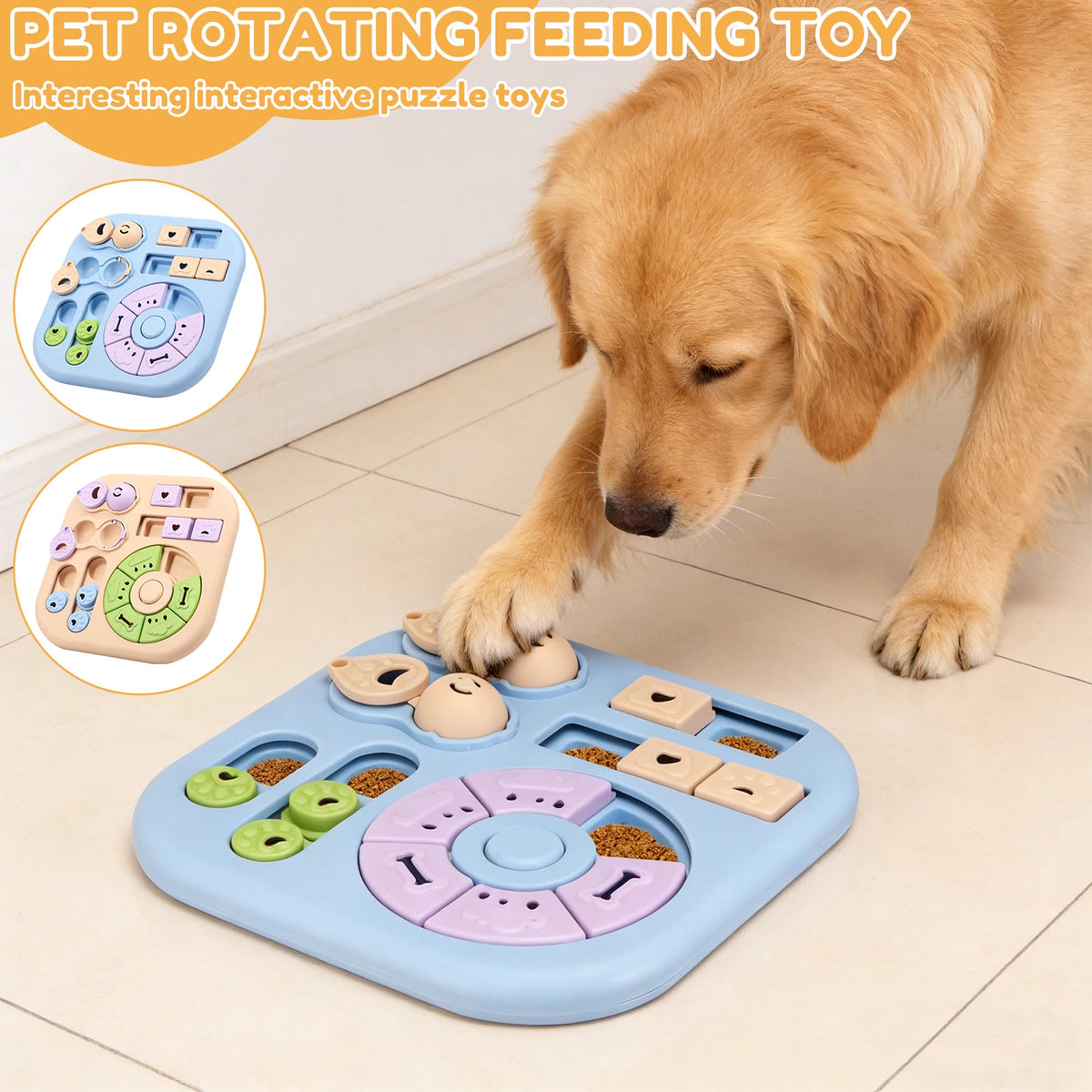 A golden retriever is interacting with a blue pet rotating feeding toy puzzle designed for dog enrichment.