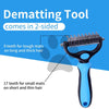 A blue pet desmatting tool with two sides, showing teeth for tough mats and small mats.