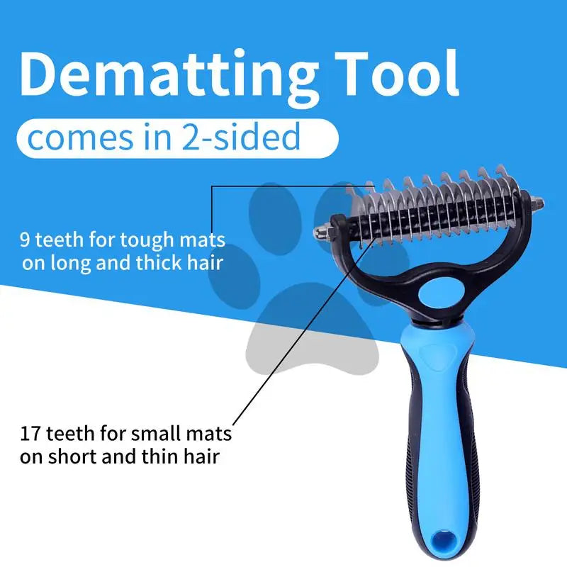 A blue pet desmatting tool with two sides, showing teeth for tough mats and small mats.