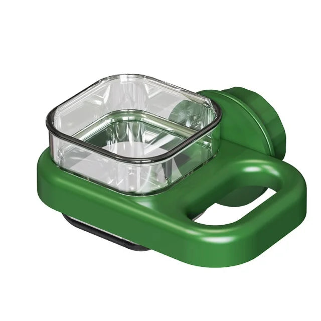 A green plastic hanging bird feeder box with a transparent clear container and handle.