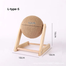 L-type-S cat scratching ball toy with a sisal rope and wooden base shown in a side view.