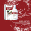 A bottle of Yegbong Hot Spot Spray for dogs and cats with aloe vera and quantum silver is shown against a red background.