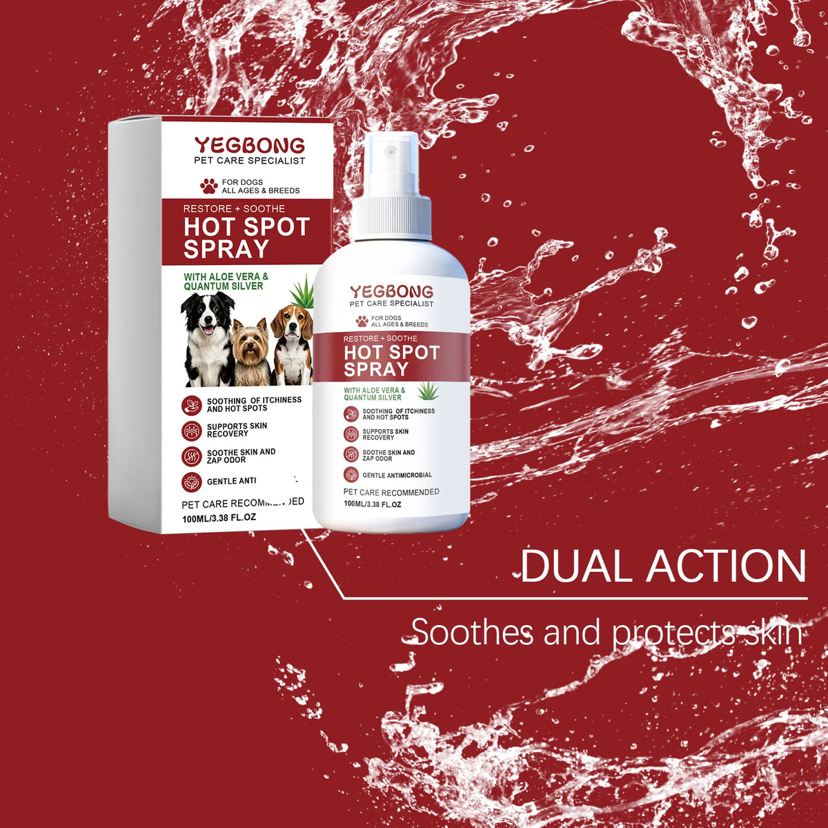 A bottle of Yegbong Hot Spot Spray for dogs and cats with aloe vera and quantum silver is shown against a red background.