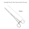 Stainless steel straight head hemostatic forceps shown in a diagonal view.