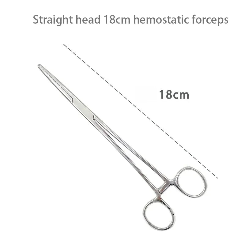 Stainless steel straight head hemostatic forceps shown in a diagonal view.