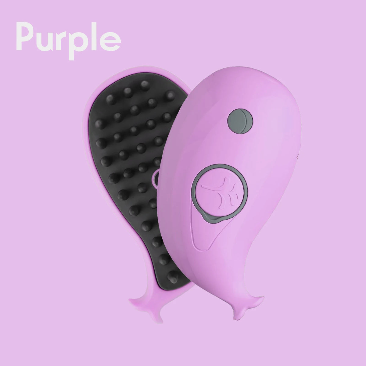 A purple electric pet grooming brush with a black comb and steam feature against a pink background.