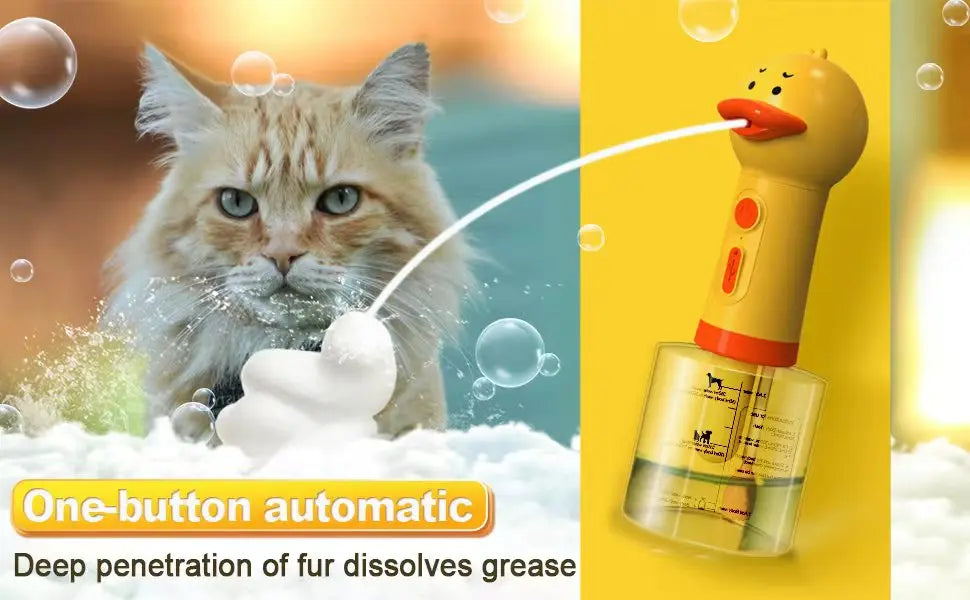 A golden duck-shaped electric foam dispenser is shown dispensing foam onto a cat.