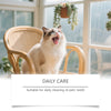 A fluffy white cat is looking up with its mouth open, positioned in front of a window.