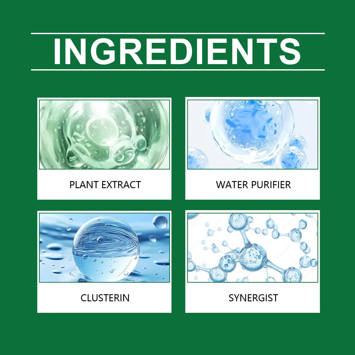 Ingrédients pour purifier l'eau des aquariums : extrait de plante, purificateur d'eau, clusterine et synergiste.