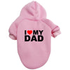 Pink plush coat with 'I love my dad' text on the chest for a small pet.