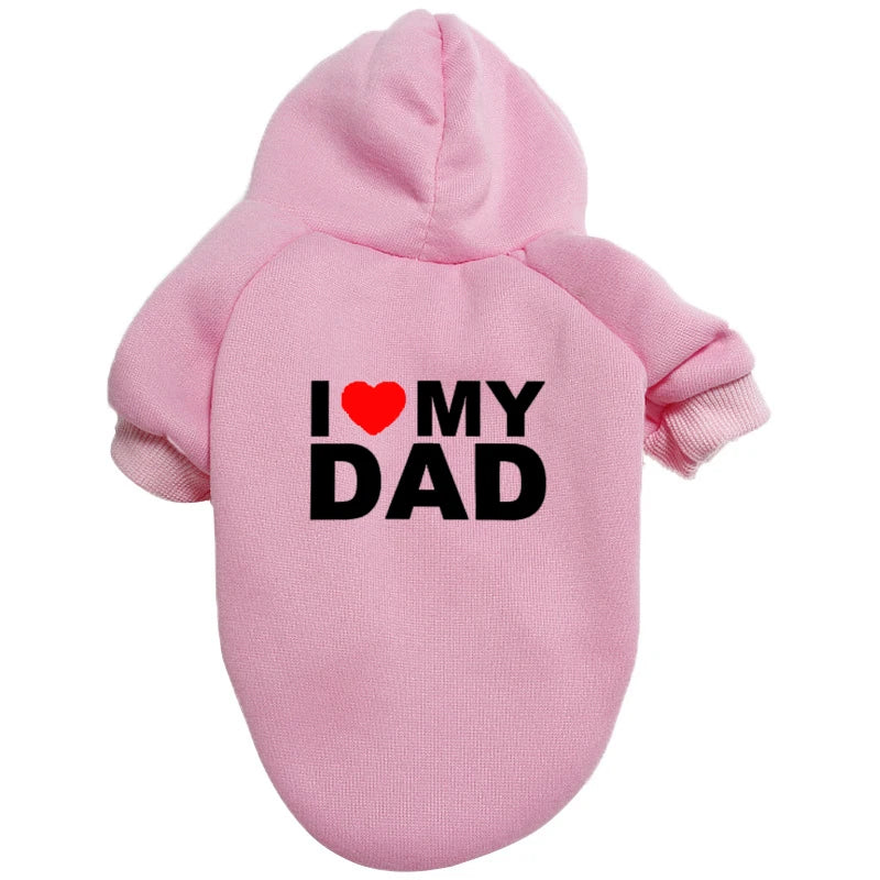 Pink plush coat with 'I love my dad' text on the chest for a small pet.
