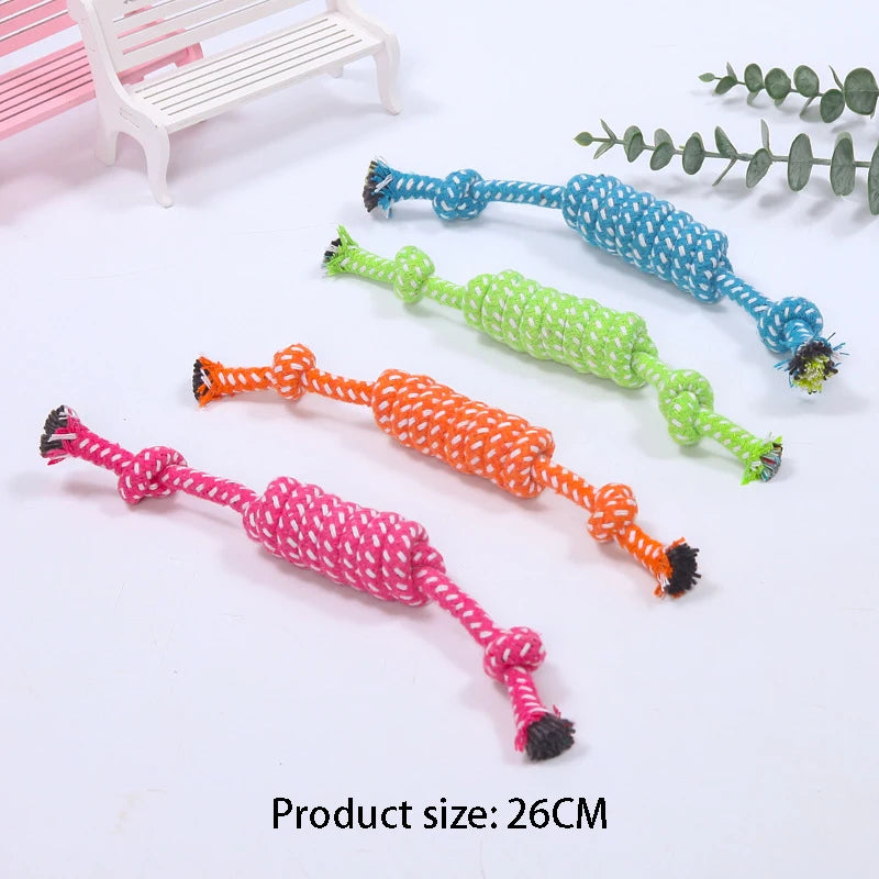 Colorful rope dog chew toys in various colors like blue, green, orange, and pink, displayed on a white background.