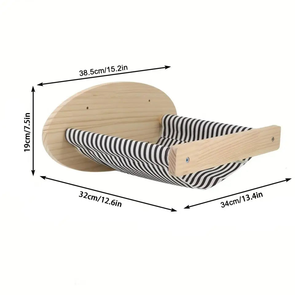 Natural wooden cat wall shelves and climbing perches with striped fabric