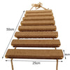 Wall-mounted cat climbing shelves with a hammock and scratching post made of brown sisal rope.
