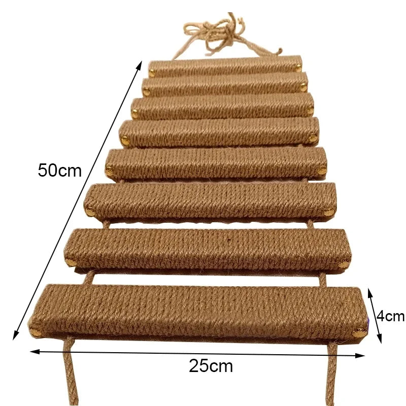 Wall-mounted cat climbing shelves with a hammock and scratching post made of brown sisal rope.