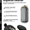 A gray mesh storage sack is shown next to a quilted jacket and a black padded item.